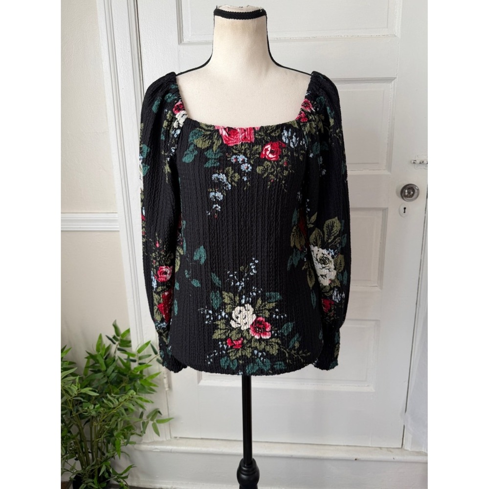 LOFT Square Neck‎ Puff Sleeve Black Floral Knit Peasant Top Shirred Feminine XS